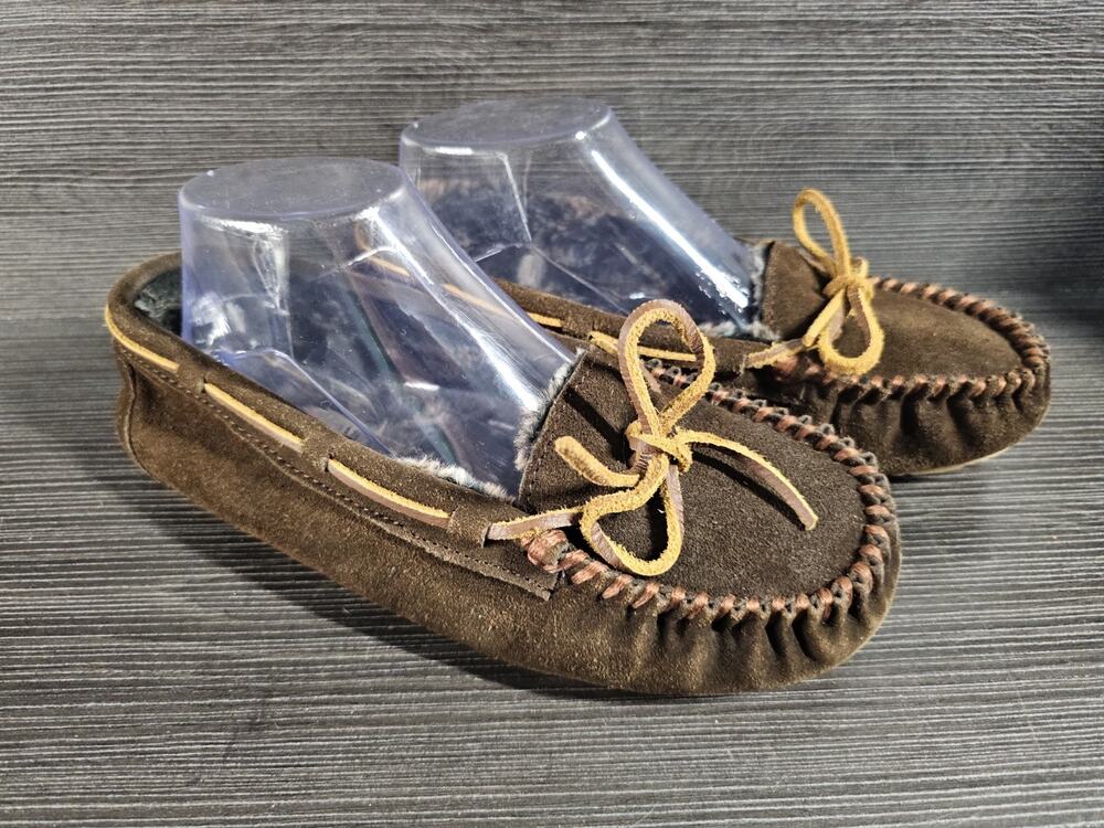 Minnetonka Britt Trapper Womens Moccasin Slippers Brown Suede Size 8 Lined 40338